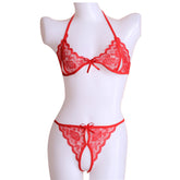 Kaamastra Lace Open Bra Crotchless Thong Bikini Set - Red